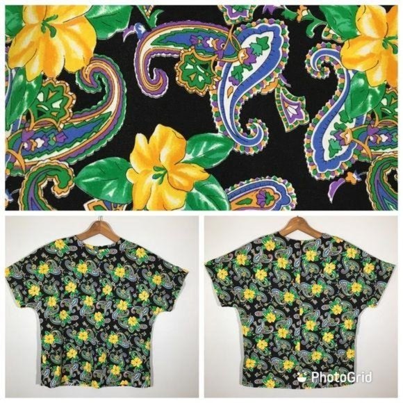 Vintage Tops - Vintage 80s Blouse, Bright Yellow Floral Short Sleeve Blouse, Dark Floral Blouse